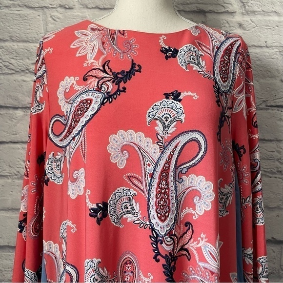 STUDIO One 3/4 Bell Sleeves Paisley Print Shift Crew Neck Midi Dress Size Medium - Picture 3 of 11